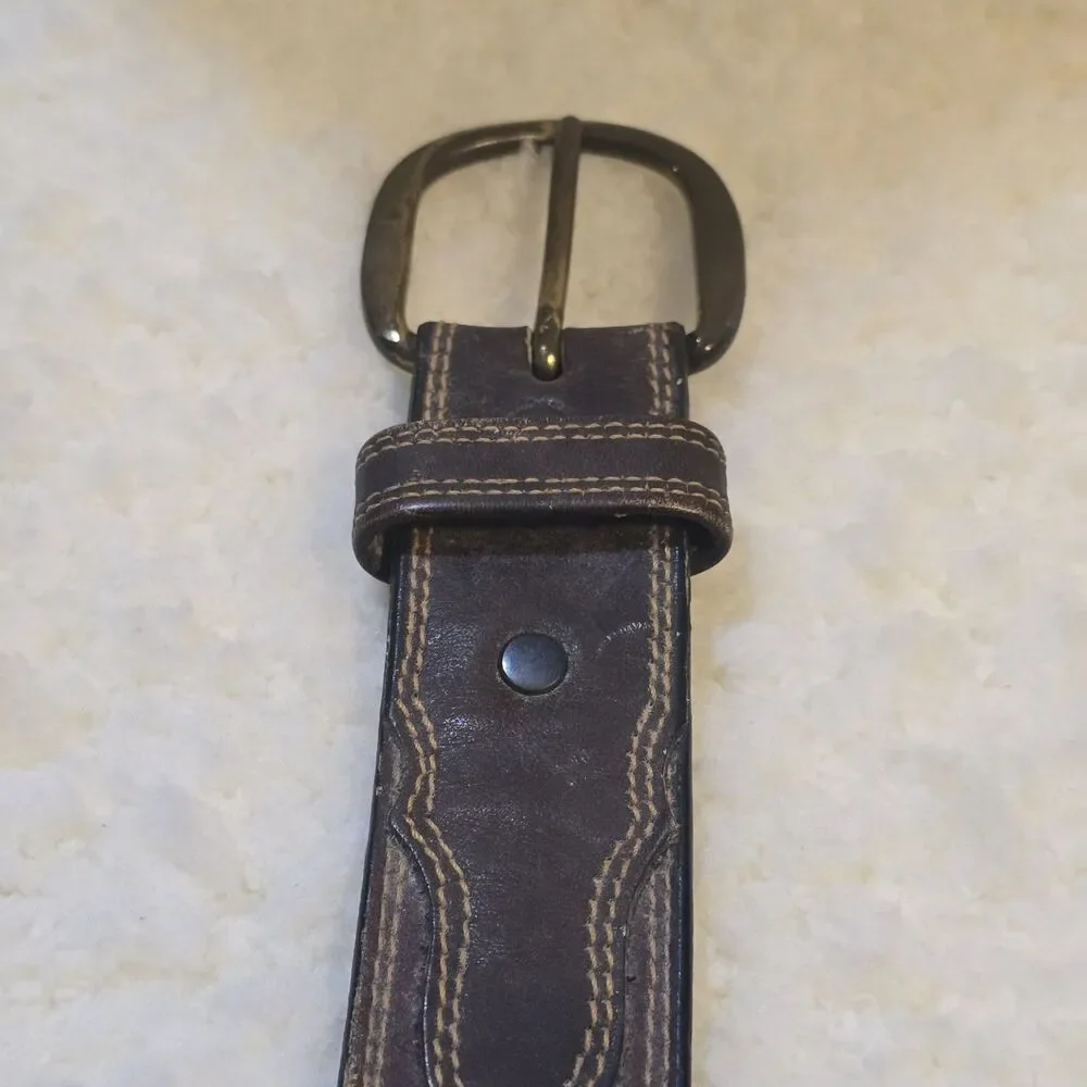 Larry Mahan Tooled Leather Men's Brown Leather Western Style Stitched Belt 32